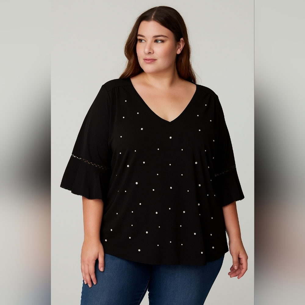 #240 Stem & Vine 3X Black Pearl Embellished Ruffle Sleeve Blouse Plus Size
